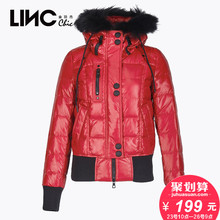 LINC金羽杰毛领拼接羽绒服女短款连帽清仓311577图片