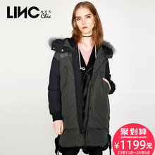 LINC金羽杰冬季新品街头个性抽绳撞色毛领羽绒服女中长款7450905图片