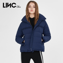 LINC金羽杰2018冬新品简约立领织带拼接羽绒服女短款宽松8434190图片