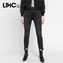 LINC金羽杰2018秋装新款做旧破洞九分牛仔裤女铅笔裤修身8322282图片