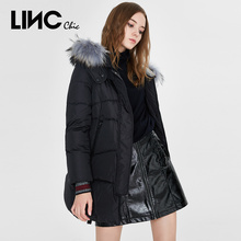LINC金羽杰2018新品后背闪电标撞色拼接大毛领羽绒服女中长款鸭绒图片