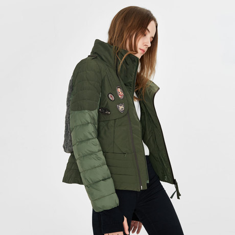 LINC金羽杰冬装新款个性贴布撞色拼接羽绒服女短款修身外套潮商品大图