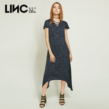 LINC金羽杰2018夏装新款不规则下摆大V领印花连衣裙女长款827174图片
