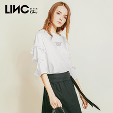 LINC金羽杰2018夏季新款荷叶边拼袖针织印花T恤女七分袖8231404图片