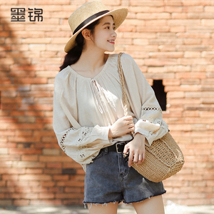 墨锦上衣拼接圆领长袖衬衫夏