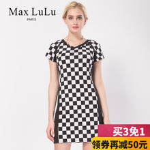 Max LuLu夏款黑白棋盘格鸡心领连衣裙中老年大码妈妈装连衣裙女图片