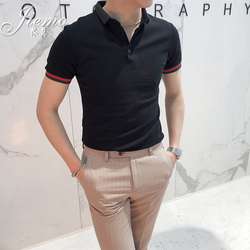 19春夏新款翻领短袖t恤时尚简约袖子撞色polo衫男青年修身保罗衫
