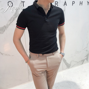 19春夏新款翻领短袖t恤时尚简约袖子撞色polo衫男青年修身保罗衫