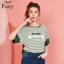 【夏热卖】fairy2018夏新款女装圆领雪纺条纹拼接短袖上衣