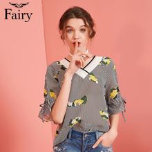 【夏热卖】fairy2018夏新款时尚V领条纹印花宽松雪纺上衣