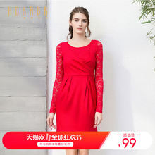 HOKABR/红凯贝尔冬装韩版女装收腰显瘦羊毛呢长袖拼接蕾丝连衣裙图片