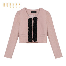 HOKABR/红凯贝尔冬装女装韩版修身绣花羊毛呢短款外套长袖上衣女图片