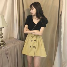 两件套女 套装 chic风V领针织上衣花苞高腰绑带半身裙时尚 夏季韩版