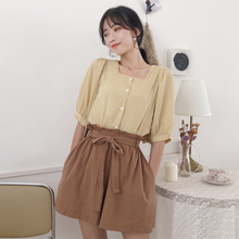 两件套女 休闲短裤 chic方领格子泡泡袖 套装 衬衣高腰花苞裤 夏季韩版
