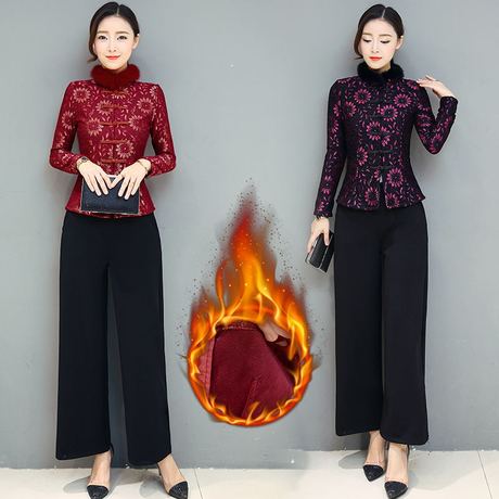 冬唐装套装女加绒旗袍上衣仿兔毛领短款婆婆妈妈装婚宴礼服大码商品大图