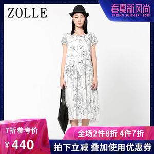 ZOLLE因为宽松中长款时尚印花裙子短袖a字棉麻连衣裙女装夏季新品