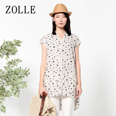 ZOLLE因为夏季新品中长款波点短袖衬衣宽松上衣不规则亚麻衬衫女