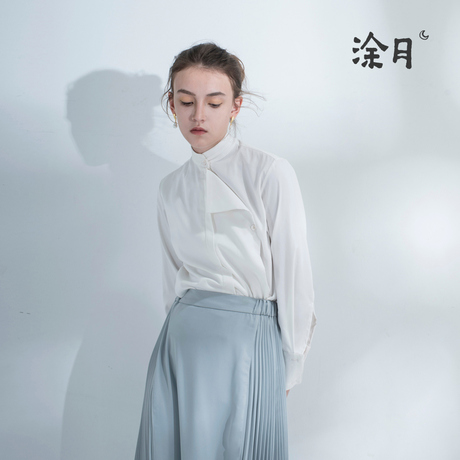 涂月原创休闲白衬衫女长袖女秋 简约气质领结衬衣 修身立领上衣商品大图