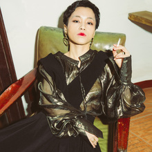 涂月复古灯笼袖雪纺衬衫女长袖2018秋装新款不规则系带立领衬衣图片