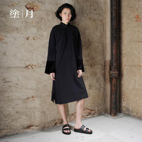 涂月原创设计 中式复古改良宽松旗袍棉麻立领长袖连衣裙 胭脂扣商品大图