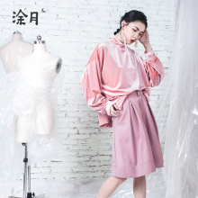 涂月粉色丝绒卫衣女秋冬2018新款天鹅绒半高领慵懒套头长袖上衣图片