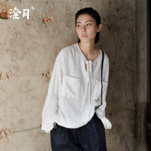 涂月白色系带衬衫女2018新款长袖亚麻T恤衬衣舒适口袋慵懒上衣图片