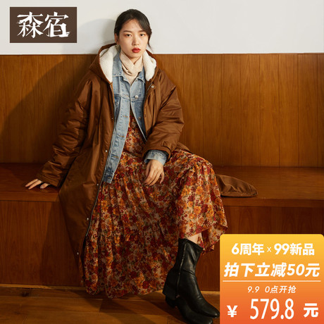 森宿Y羊羔毛装饰连帽韩版棉衣女冬装2018新款宽松中长款保暖棉服商品大图