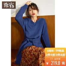 森宿Y冬装2018新款系带收腰V领中长款蓝色套头外穿针织宽松毛衣女图片