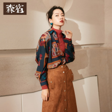 森宿Y复古印花长袖衬衫女秋冬装2018新款ins韩版宽松休闲时尚上衣图片