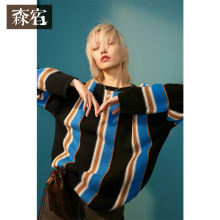 森宿Y竖条纹拼色毛衣女秋冬装2018新款宽松显瘦圆领套头针织上衣图片