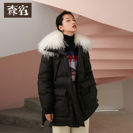 【90%白鸭绒】森宿Y2018新款冬装直筒加厚拉链中长款毛领羽绒服女商品大图