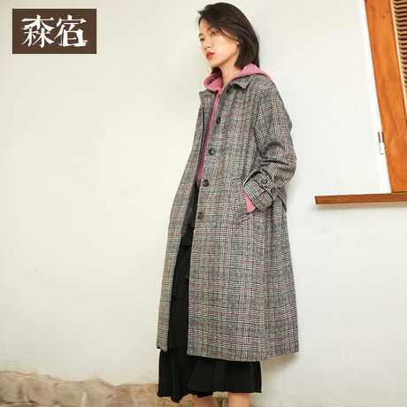 森宿Y格子毛呢大衣女秋冬装2018新款流行修身中长款过膝呢子外套商品大图