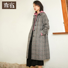 森宿Y格子毛呢大衣女秋冬装2018新款流行修身中长款过膝呢子外套图片