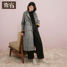 森宿Y复古纯棉人字纹毛呢大衣女冬装2018新款宽松中长款呢子外套图片