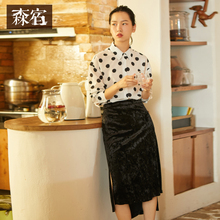 森宿Y黑色不规则丝绒半身裙女秋装2018新款中长款过膝显瘦半裙子图片