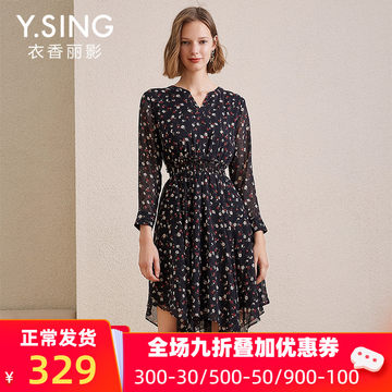 Y.SING衣香丽影2019冬装新高腰修身V领长袖雪纺连衣裙女气质裙子