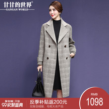 甘甘的世界2018秋冬新款毛呢外套修身显瘦中长款双面呢格子大衣女图片