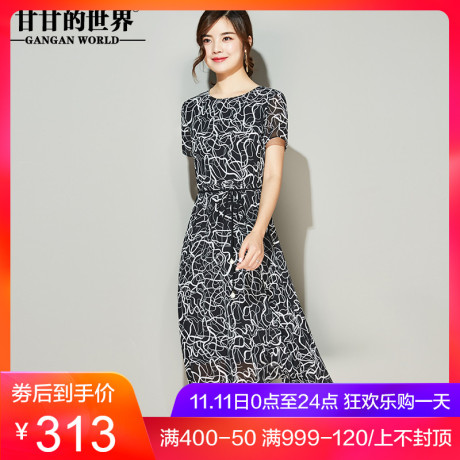印花雪纺连衣裙长款女甘甘的世界2018夏装新款短袖大码中年女装商品大图