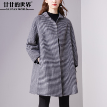 【70%羊毛】甘甘的世界2018秋冬新款娃娃领格子双面呢大衣女外套图片