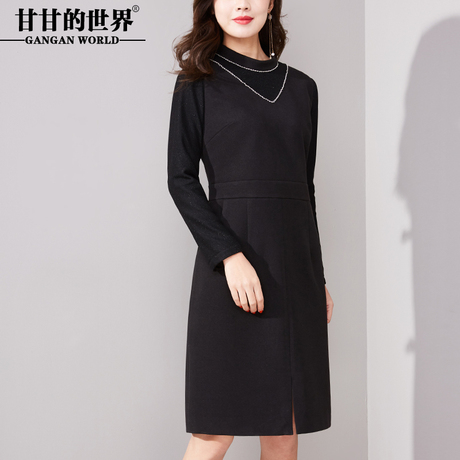 加绒长袖黑色连衣裙甘甘的世界春装新品立领修身开叉大码连衣裙女商品大图