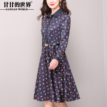 衬衫连衣裙2018春装新款女甘甘的世界大码气质印花翻领收腰连衣裙图片