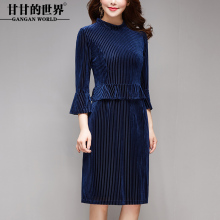 丝绒连衣裙甘甘的世界2018春装新品喇叭袖大码韩版中年女装妈妈装图片