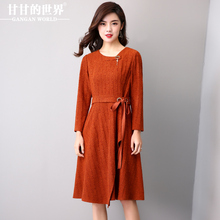 连衣裙女圆领收腰长袖2017秋冬新款甘甘的世界时尚纯色中长打底裙图片
