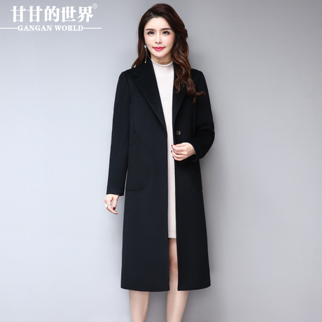 毛呢大衣女翻领长款2017秋冬新款甘甘的世界韩版纯色长袖呢子外套商品大图