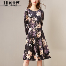 丝绒连衣裙女甘甘的世界2018春装新品A摆显瘦大码中年女装妈妈装图片