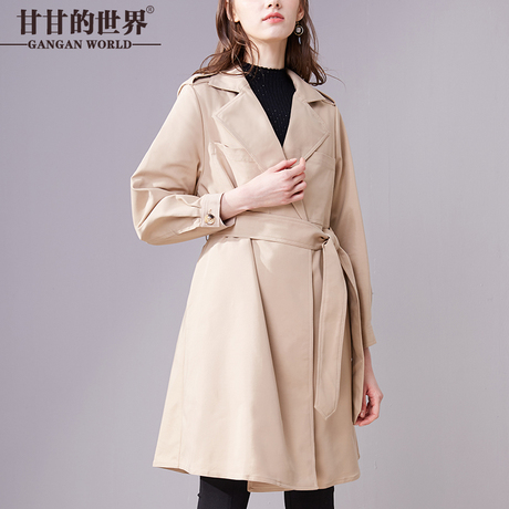 甘甘的世界春季新款中长款风衣外套收腰翻领简约长袖宽松显瘦女商品大图