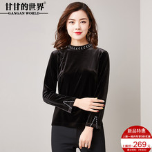 衬衫女甘甘的世界2018秋装新款金丝绒长袖体恤打底衫短款上衣女图片