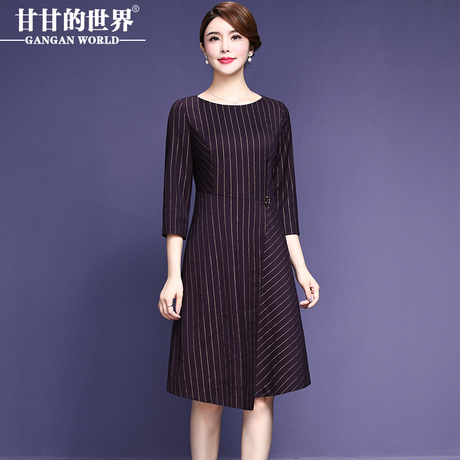 甘甘的世界2018秋装新品时尚条纹连衣裙女立体裁剪中年大码女装商品大图
