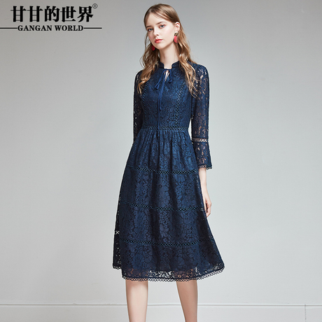 甘甘的世界重磅蕾丝连衣裙女2018秋装新款喇叭袖大码中年连衣裙商品大图