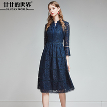 甘甘的世界重磅蕾丝连衣裙女2018秋装新款喇叭袖大码中年连衣裙图片